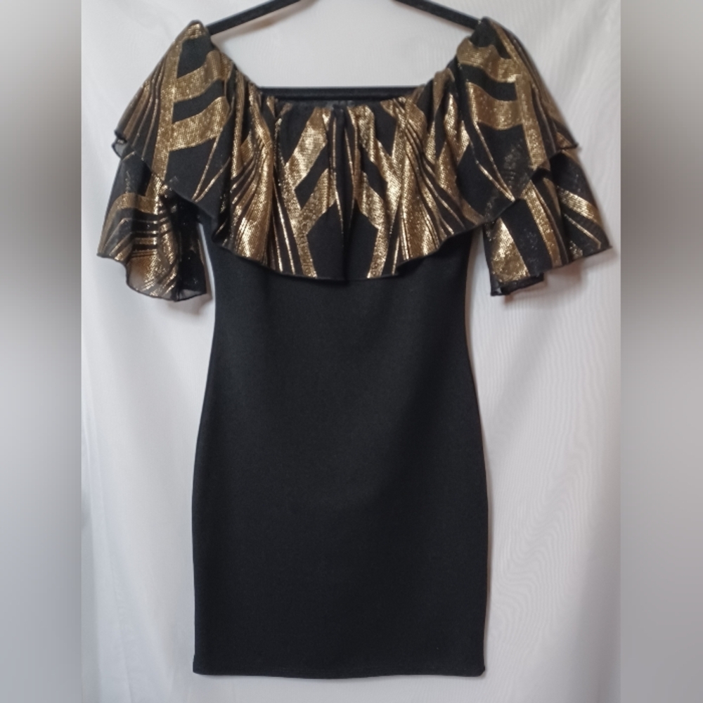 Freesia Women's Black and Gold Ruffle Elastic Neck Bodycon Mini Dress. Size M - Picture 2 of 8